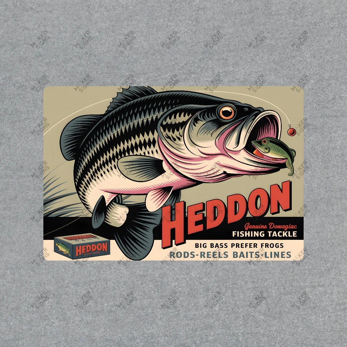 Panneau Publicitaire Vintage Heddon Pêche Métal étain 11x8 Pouces USA
