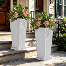 24 Inch Tall Outdoor Planters Set of 2 White Fluted Square Pots with Trays