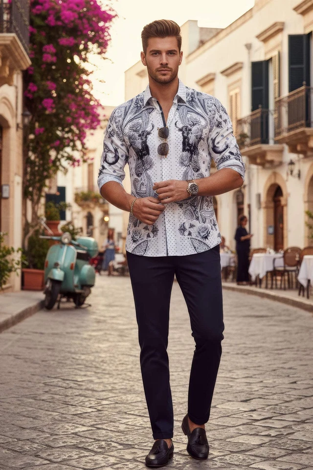 Barabas Men's Rhinestones Floral Bull Skull Long Sleeve Shirts 5SPR13 - Image 2 of 4