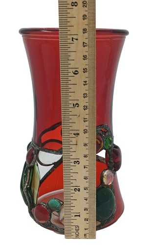 Studio Art Glass Abstract Candle Holder Vase Red Stained Glass Fused Sculpture - Picture 7 of 7