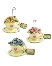 Blossom Bucket Resin 3 Teacup Note Holders w Scripture Inspirational Skoglund