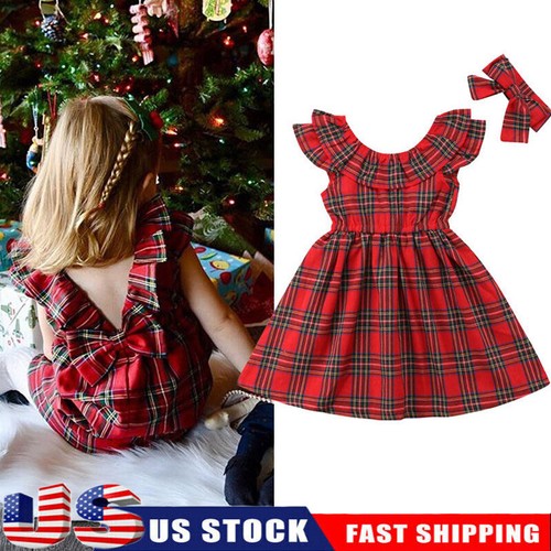 Christmas Toddler Kids Baby Girls Deer Lace Plaid Party Pageant Dress Clothes - Picture 1 of 8