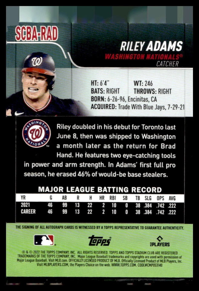 2022 Topps Stadium Club Rookie Auto #SCBA-RAD Riley Adams - Image 2 of 2