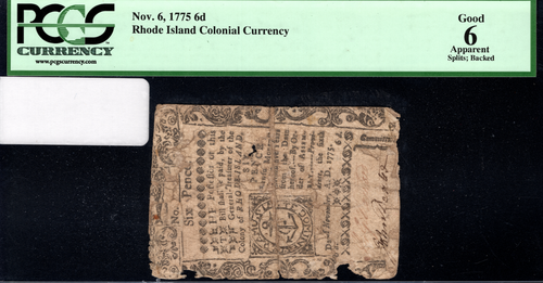 Rhode Island Colonial Note Fr#RI-208 November 6, 1775 6d PCGS 6 *10 Known*