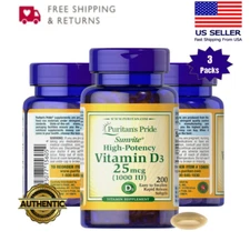 Puritan's Pride High Potency Vitamin D3 25 Mcg 200 Softgels Supplement 3-Pack