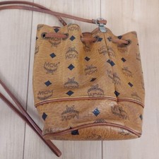 MCM Visetos Authentic Drawstring Shoulder Bag Leather Monogram Logo Gold Brown