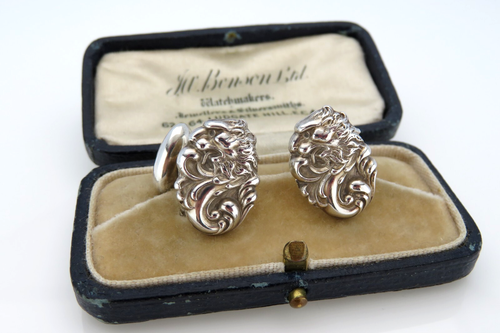 Antique Edwardian Art Deco Sterling Silver Emboss Lion Head Cufflinks Buttons - Picture 2 of 12