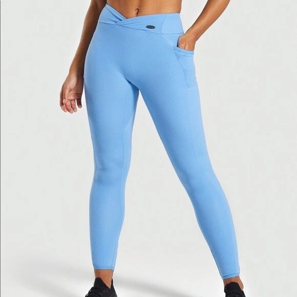 Gymshark Poise Light Blue Leggings with Pockets and Criss Cross