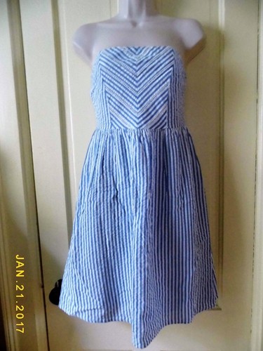 ANTIGUO VESTIDO DE SOL SIN TIRANTES A RAYAS AZUL MARINO Y BLANCO CON FORRO, ALGODÓN, NUEVO SIN ETIQUETAS - Imagen 1 de 3