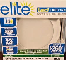 ELITE LIGHTING RECESSED & SURFACE MOUNT LED KIT MODULE WHITE 1000LM 2700K RL670