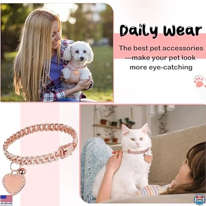 Colar de corrente folheado a ouro rosa para gato coração strass etiqueta de identificação 10" colar para cachorro de estimação - Imagem 3 de 4