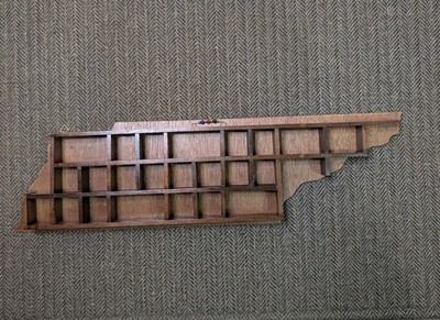 Vintage Wood Knick Knack Collection Shelf With 23 Boxes  Tennessee shaped curio 