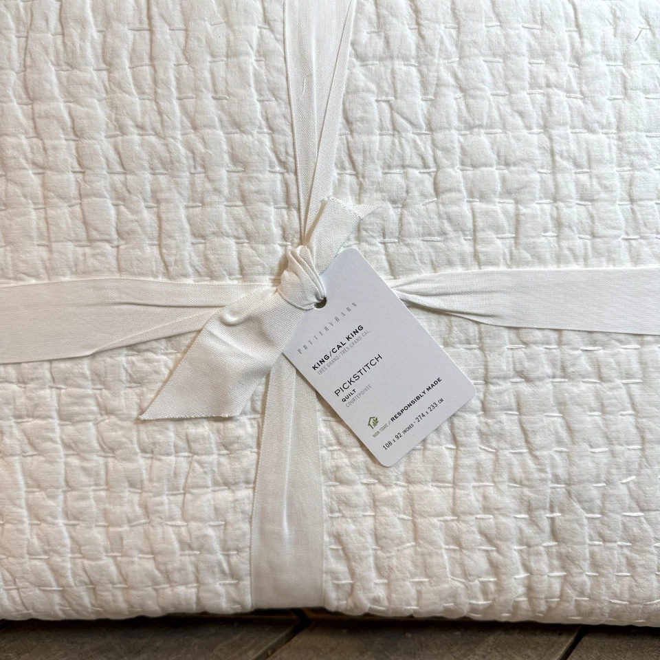 COLCHA KING DE ALGODÓN/LINO ARTESANAL DE PUNTO DE PICO DE GRANERO DE CERÁMICA ~ BLANCA Foto 3 de 4