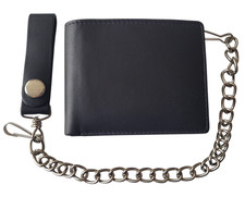 Genuine Soft Leather Biker Bi-Fold Black Wallet with 12" Chain