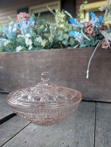 Vintage Indiana Glass Windsor Button and Cane Pink Covered Candy Dish