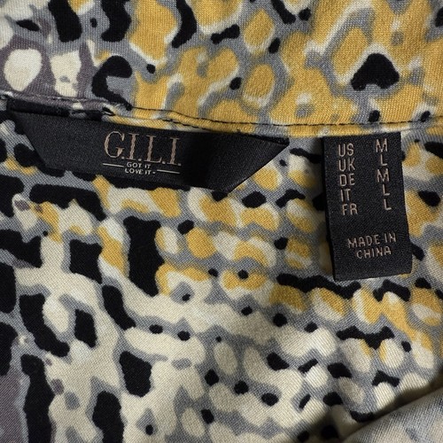 Maxi Shirt Kleid Damen M gelb grau Schlangenmuster Reise Pfirsichhaut Taschen Druckknöpfe - Bild 4 von 14