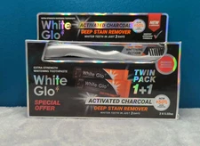 WHITE GLO Toothpaste Charcoal Activated Twin Pack 2 x 5.02 Oz + 1 Toothbrush New
