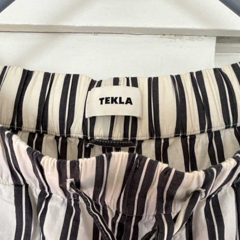 TEKLA Women's Striped Poplin Pajama Pants Black White Drawstring XS