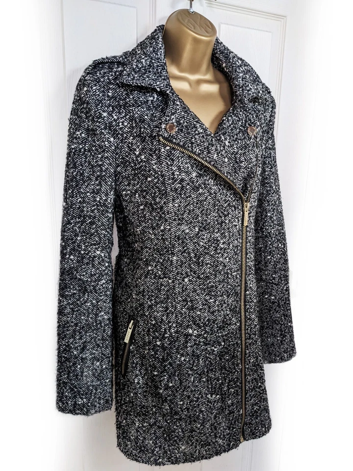 LIPSY Black & White Mottled Wool Blend Asymmetric Zip Coat, size 12 - VGC - Image 2 of 4