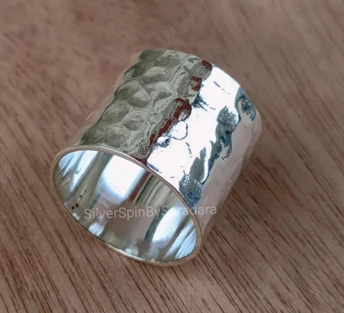 Hammered Sterling Silver Band Ring Wide Cuff Band Ring, Silver Cigar , All size
