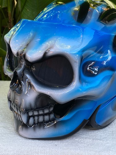 Custom Motorcycle Helmet Blue Flames Airbrush 3D Skull Ghost Rider Helmet - Picture 11 of 12