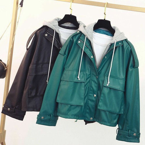 Womens Faux Leather Drop Shoulder Loose Jacket Oversized Mock Hoodie Coat - Picture 4 of 14