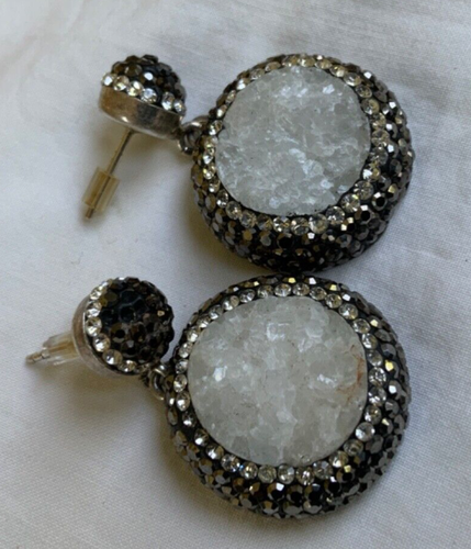 925 Sterling Silber Faux Drusy Geometrische Laufsteg Ohrringe Vorderseite Schwarz Weiß
