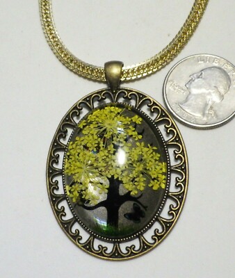 Genuine Natural Tiny Yellow Flowers on Tree Large Brass Pendant Necklace 17.5''