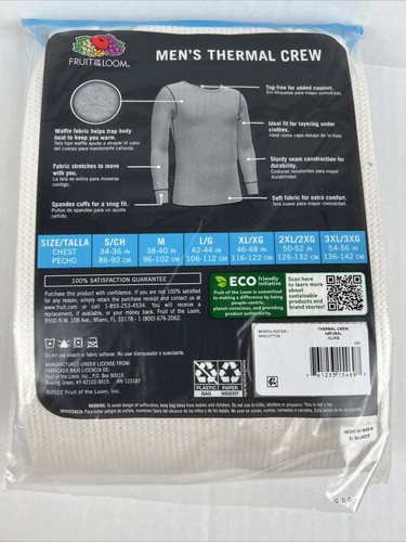 Fruit Of The Loom Mens XL Thermal Crew Shirt X-Large White Natural Long Johns - Picture 4 of 8