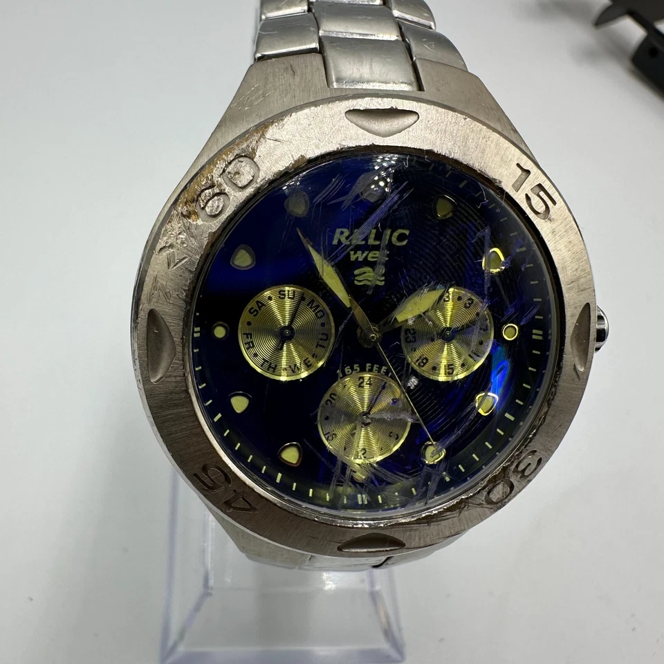 Relic Watch Men Silver Tone Blue Day Date Round Dial 39MM New Battery 7.75 Inch - Image 2 of 4