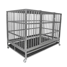 47" Heavy Duty Dog Crate Iron Cage Kennel with Lockable Wheels & Double Doors