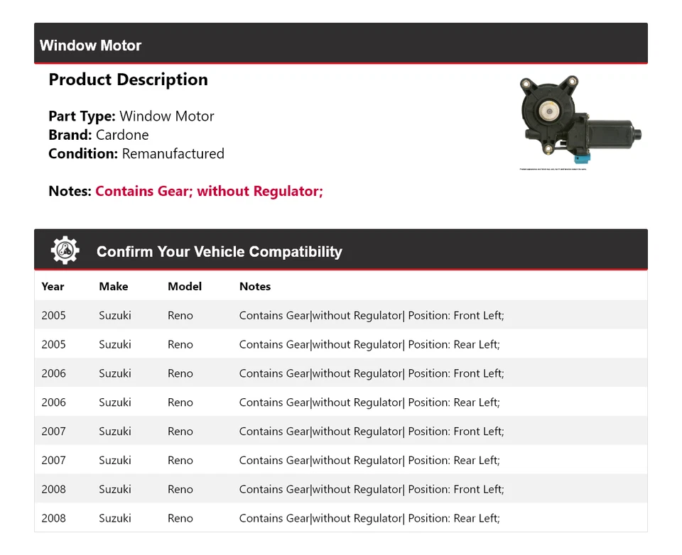 Para 2005-2008 Suzuki Reno Window Motor Cardone 2006 2007 - Imagem 2 de 4