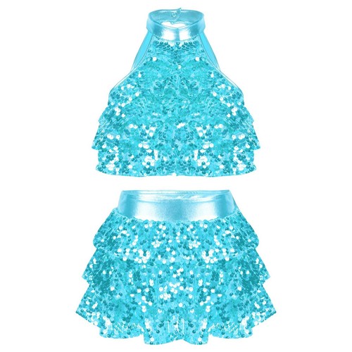 Kids Girls Modern Latin Jazz Dance Outfits Crop Tops Skirt Shiny Sequins Costume - 第 17/65 張圖片