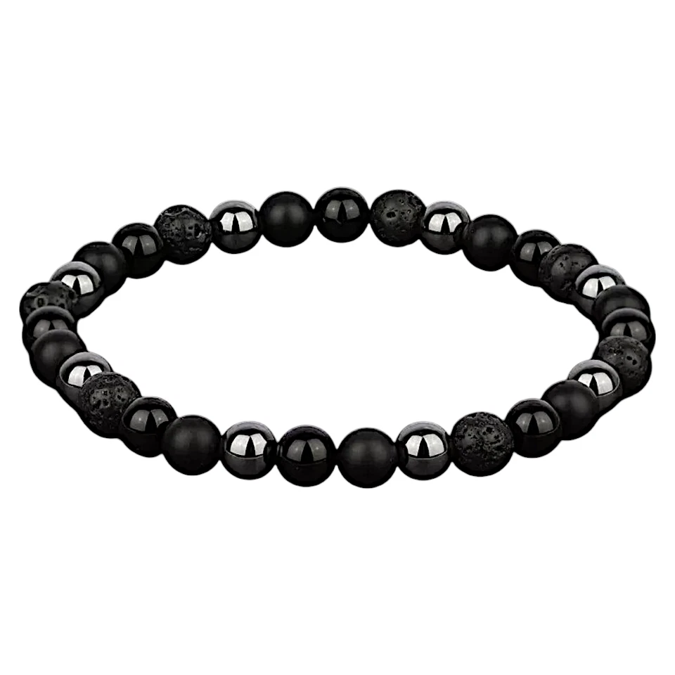 Bracciale in Pietra Lavica Nero Acciaio Argento Pietre Perle braccialetto Uomo - Immagine 3 di 4