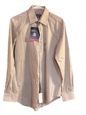Van Heusen Flex Men's Slim Fit Beige Stretch Dress Shirt 15.5 32/33 Long Sleeve