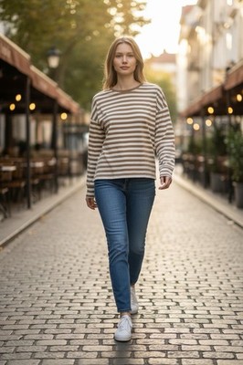 Nautica Jeans Womens Beige Pieced Striped Long-Sleeve Top Size Large