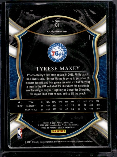 2020-21 Panini Select #81 Tyrese Maxey - Picture 2 of 2