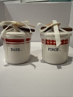 Rae Dunn White Ceramic Small Jar & Spoon Ft. Red Gingham/Stripe PINCH & DASH-NWT