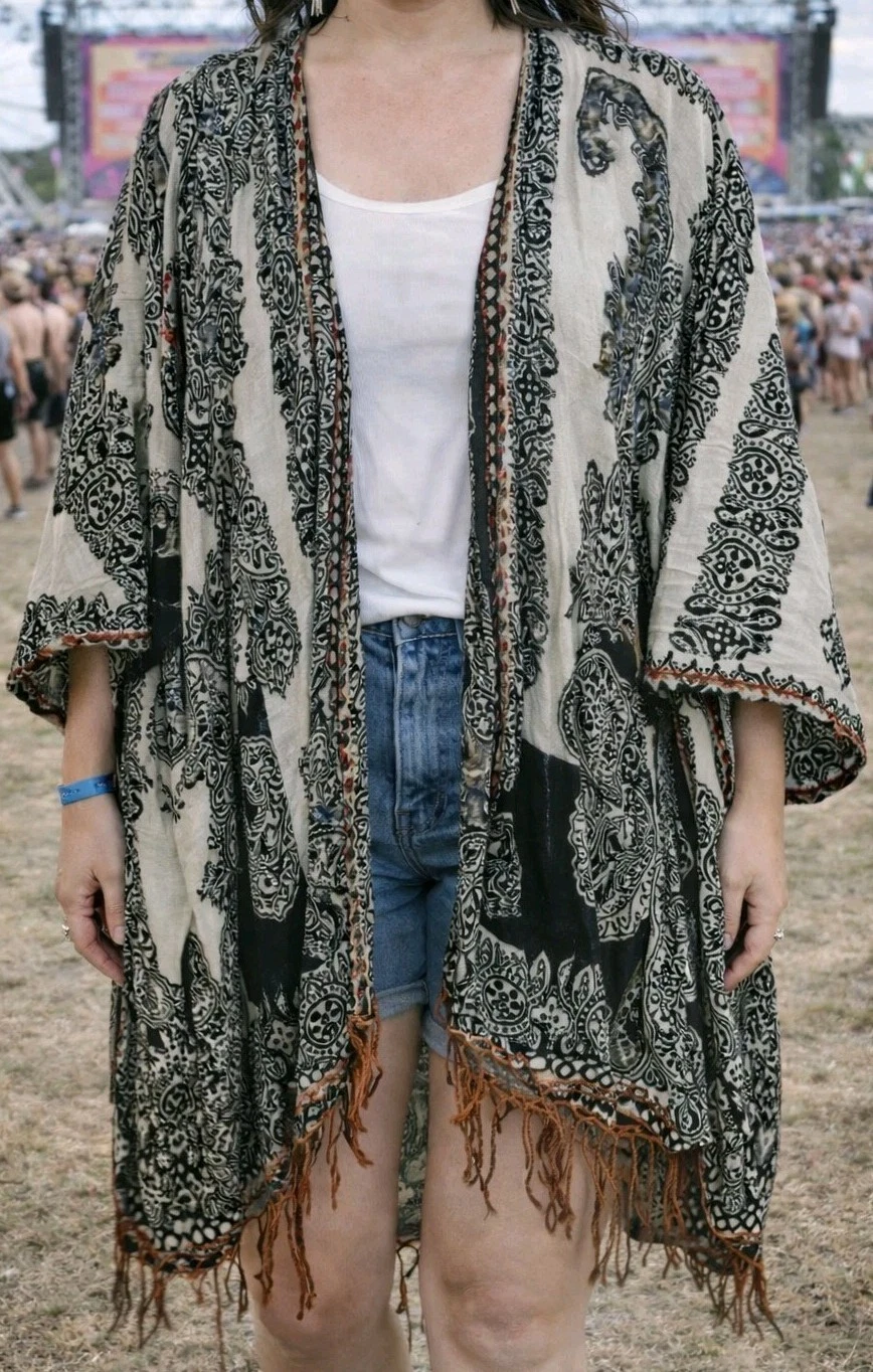 Free People Hendrix Kimono Womens One Size Boho Yarn Fringed Poncho Cardigan