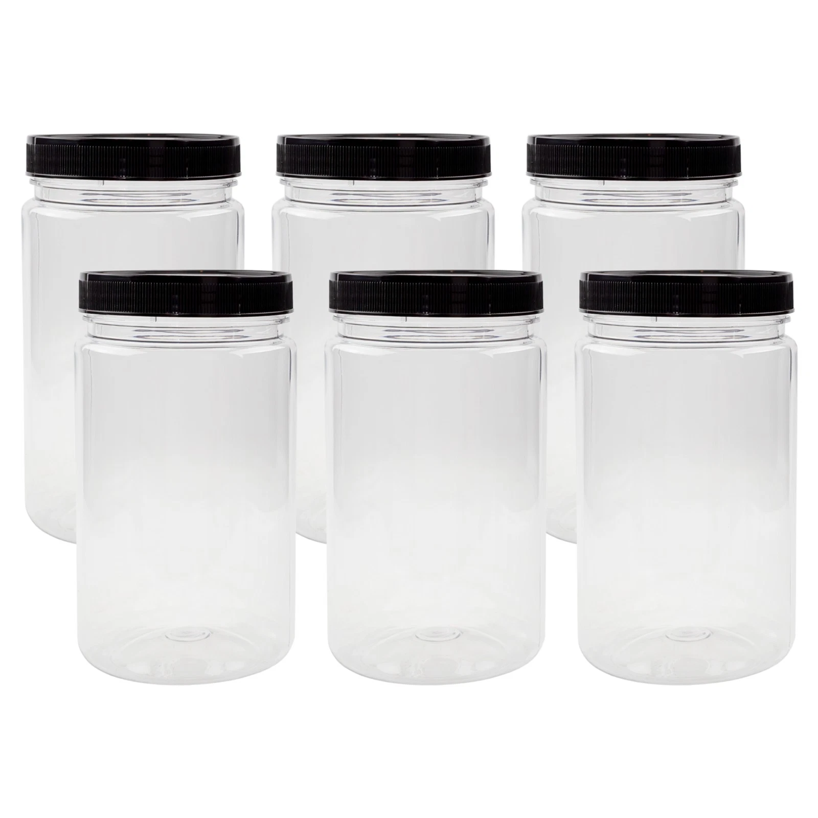 32oz Clear Plastic Jars w/ Black Ribbed Lids 6pk, 4 Cup Capacity Canisters