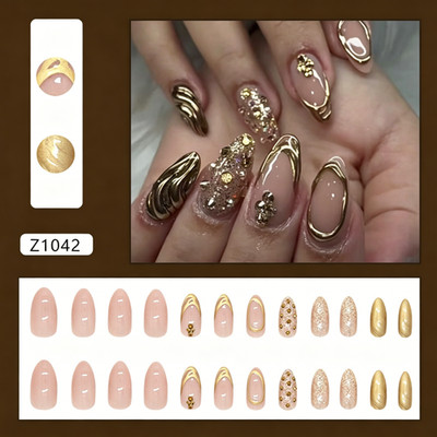Champagne 3D Glitter Diamond Medium Almond Press On Nails, Sweet Cool Versatile 