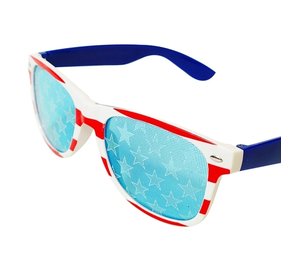 Gafas de sol patrióticas EE. UU. estrellas rojas, blancas y azules en lentes fiesta del 4 de julio Foto 2 de 4
