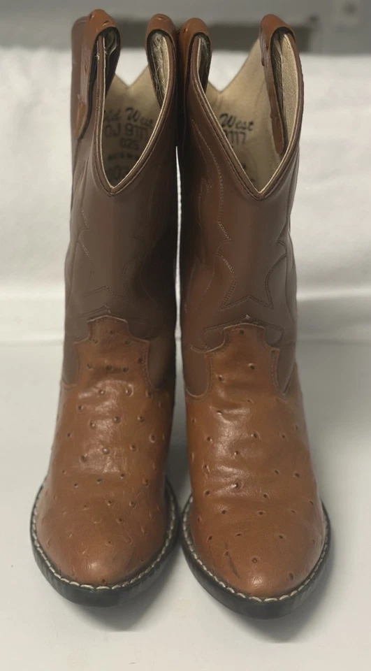 Boots Boy Western Old West 2.5 Brown Synthetic Ostrich Leather Pull On WORN ONCE - Image 3 of 4