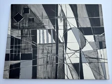 VINTAGE ABSTRACT PAINTING CUBIST CUBISM 1970'S LARGE RAIL PASSAGE GEOMETRIC 36"