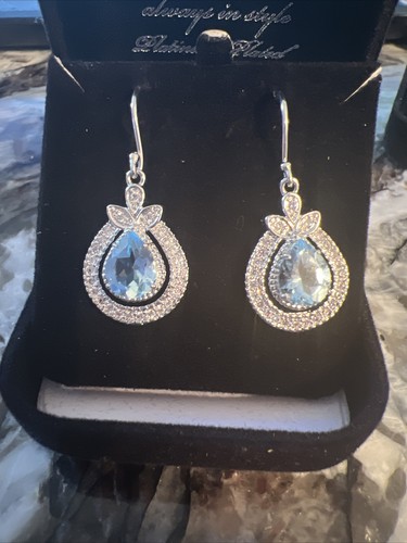 Gold Coast Platinum Plated Light Blue Topaz Gem Earrings & Bracelet Set New - Picture 6 of 10