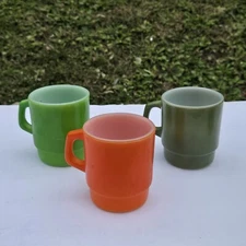 Anchor Hocking Fire King Mug Cup (3) D Handle Stackable Orange Green MCM  Retro