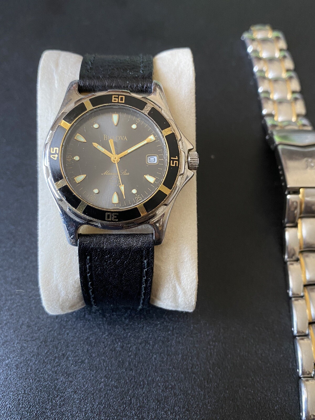 Vintage Mens Bulova MarIne Star Divers Watch Rotating Bezel Black Dial