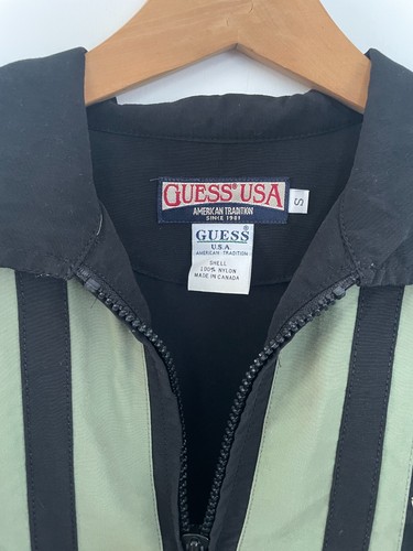 Y2K GUESS Vintage 90's Black & Olive Green Nylon Athletic Zip Jacket SMALL - Picture 2 of 8