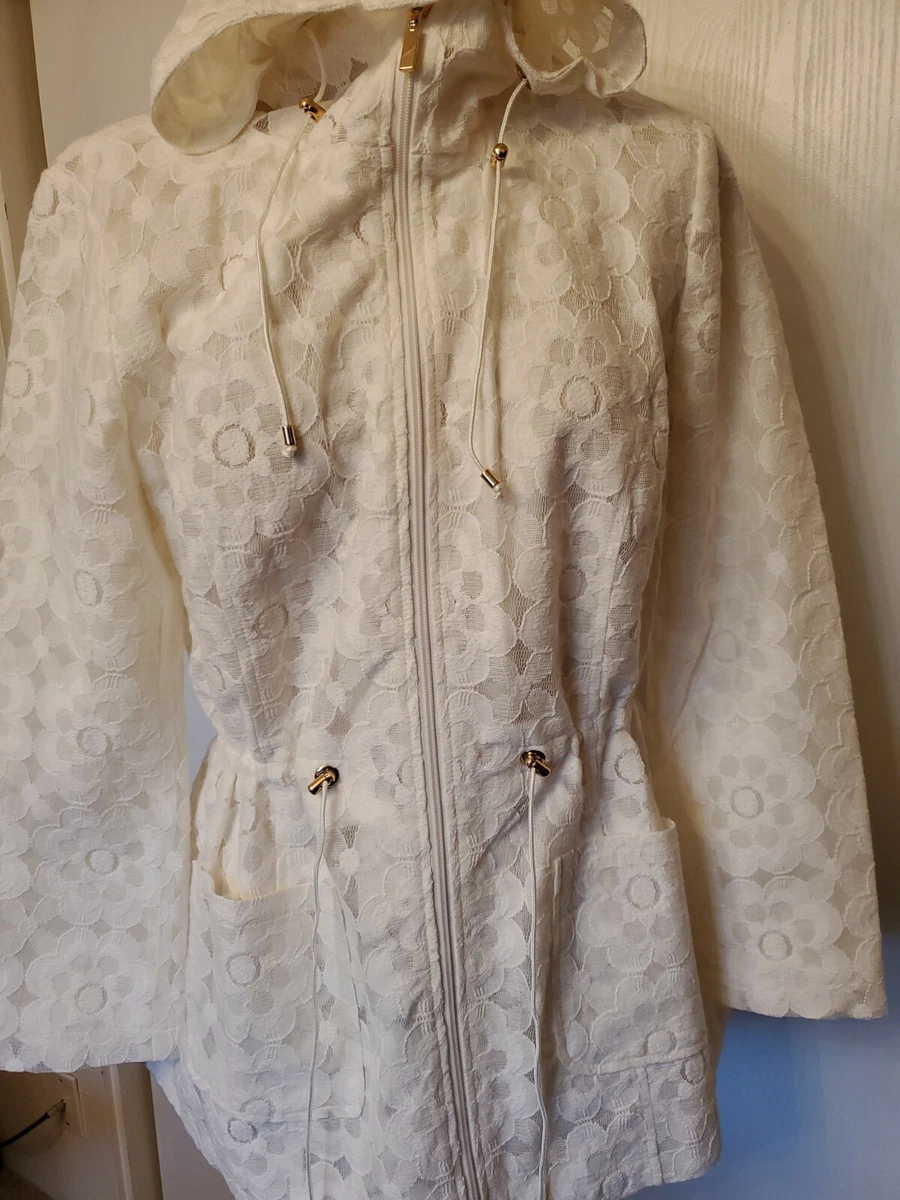New Charter Club Women s White Lacy Gold Accents Jacket with Hood Small