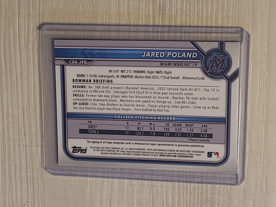 2022 Bowman Draft Chrome Auto Green Refractor Jared Poland #CDA-JPD /99 SP - Image 2 of 2